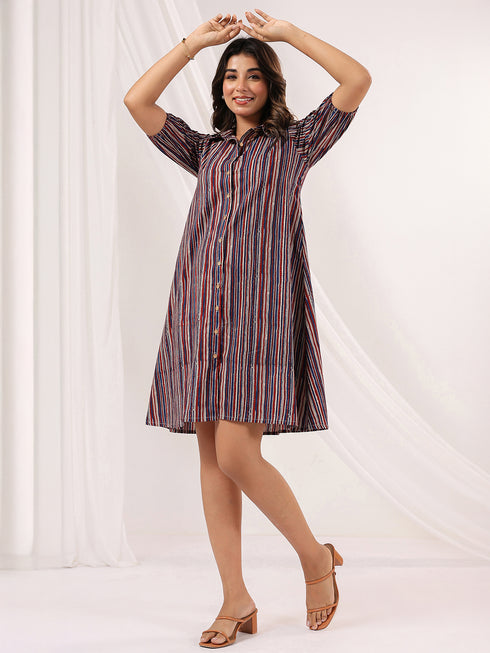 Janasya Women's Multicolor Pure Cotton Striped A-line Dress